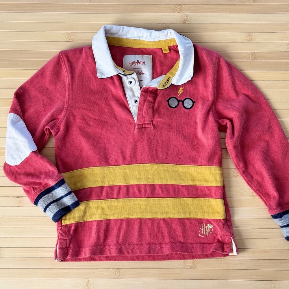 Mini Boden Harry Potter Gryffindor Rugby Shirt Red Yellow Lightning Bolt 2-3Y